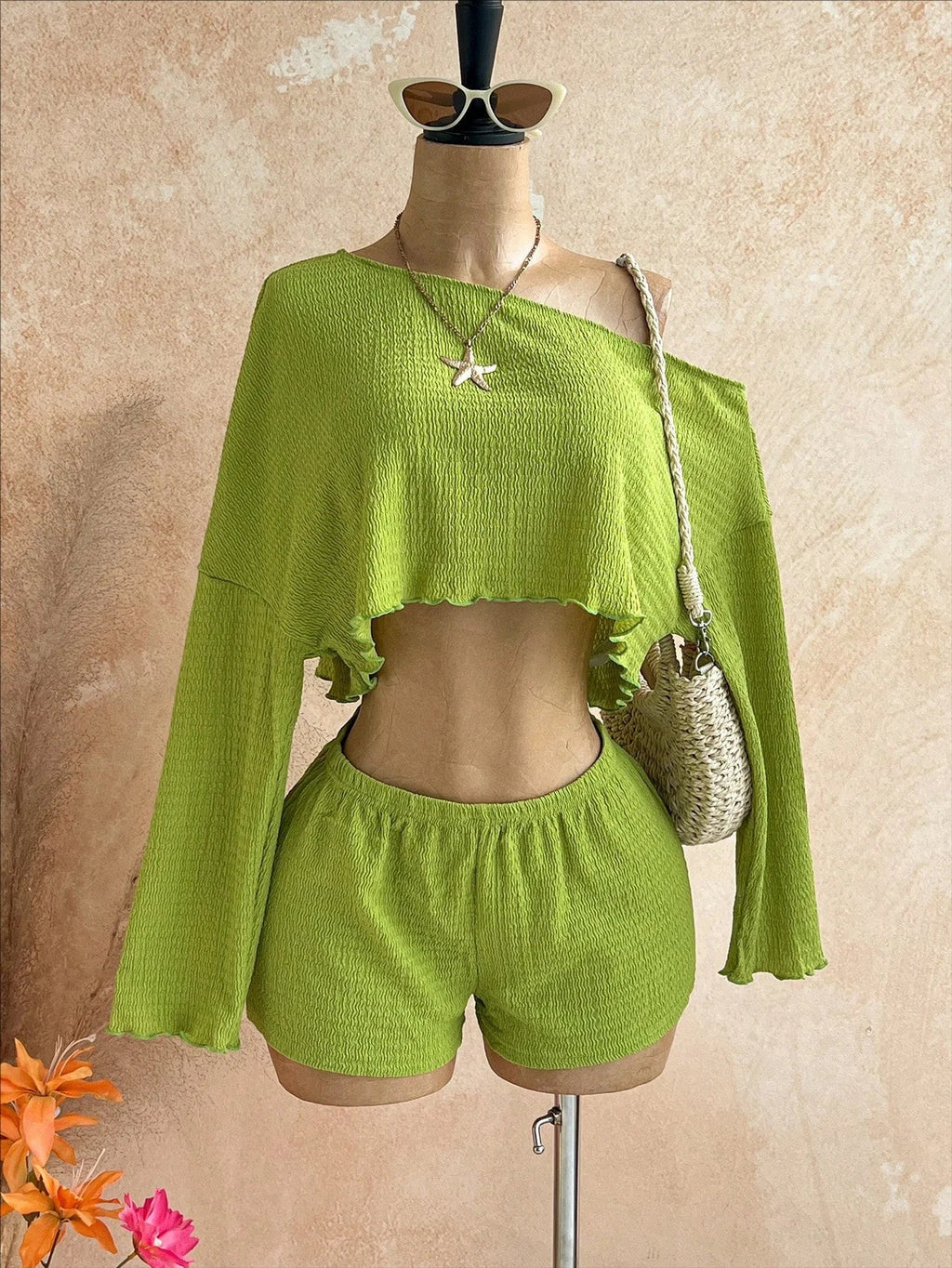 Boho Asymmetrical Off Shoulder Striped Knit Two Piece Set Women Long Sleeve Crop Top High Waist Shorts For Summer Vacation