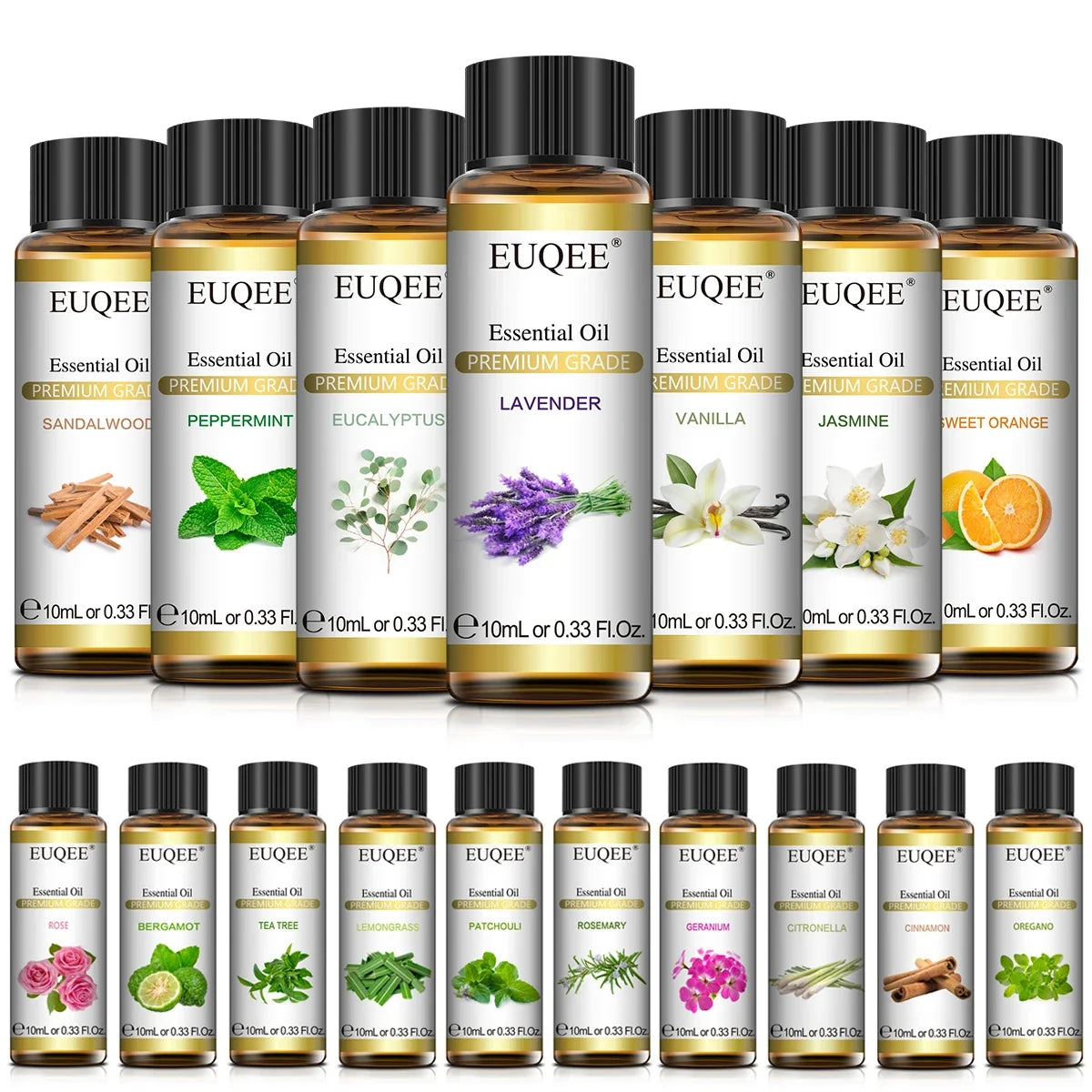 EUQEE 10ml Pure Natural Essential Oil Lavender Jasmine Eucalyptus Vanilla Sandalwood Sweet Orange Lemon Oregano Rose Fragrance
