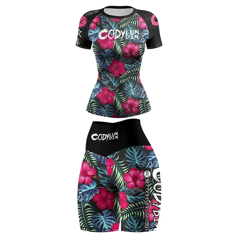Flower Print Women Rash Guard Gym Clothes MMA Compression Yoga Wear Jiu Jitsu Rashguard T-shirt+Pants Boxing Grappling 4pcs/Sets
