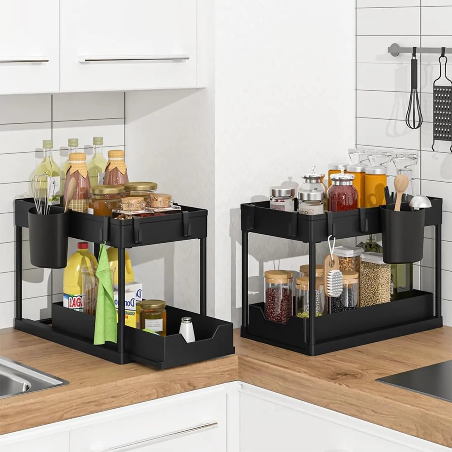 Under Sink Organizers 2 Tier Under Bathroom Cabinet Holder with Hooks & Hanging Cup, Multi-Purpose Storage Shelf for  Kitchen