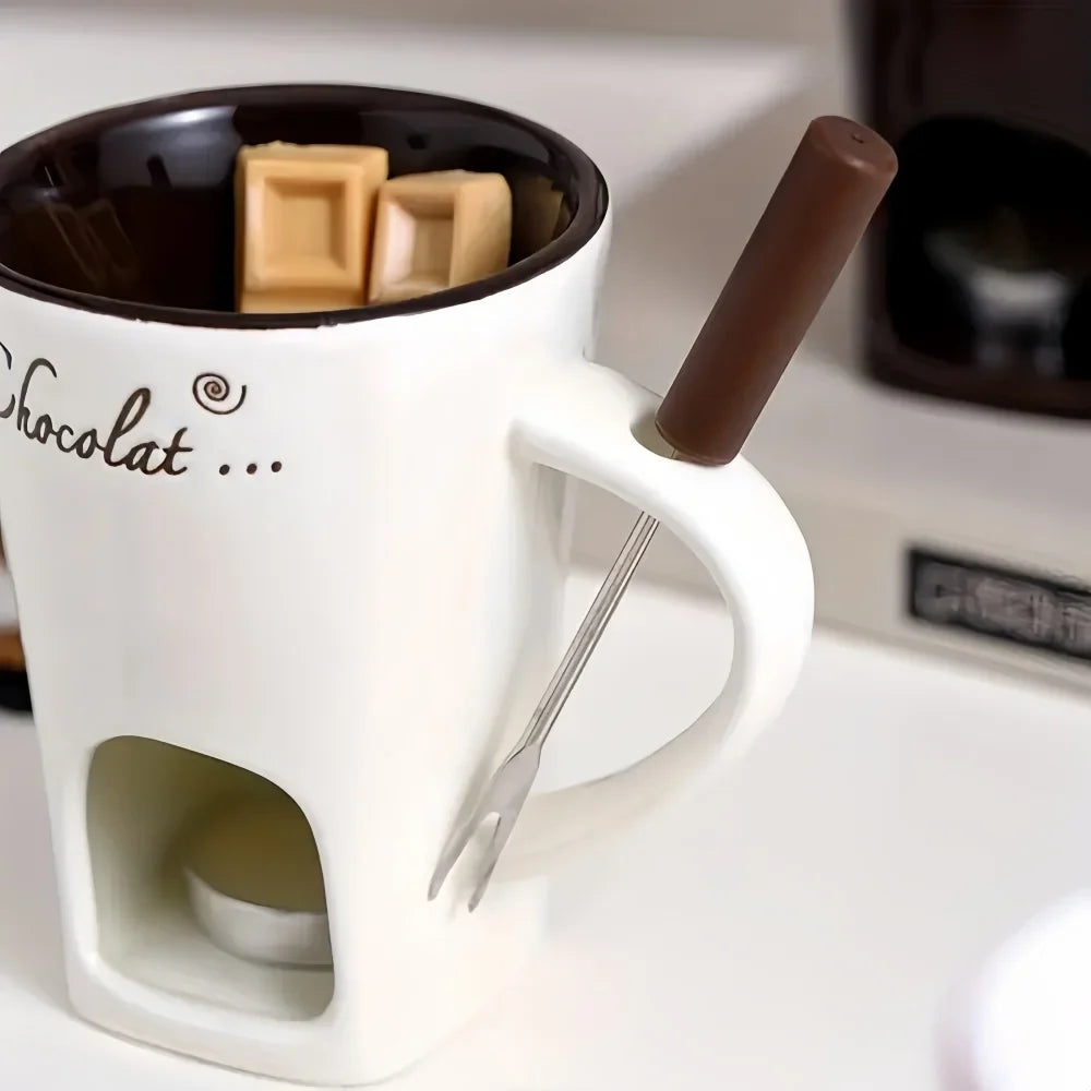 Reusable Heat Safe Ceramic Chocolate Fondue Warmer Bowl Set for Ice Cream Cheese Valentine Gift with Fork Candle Not Included