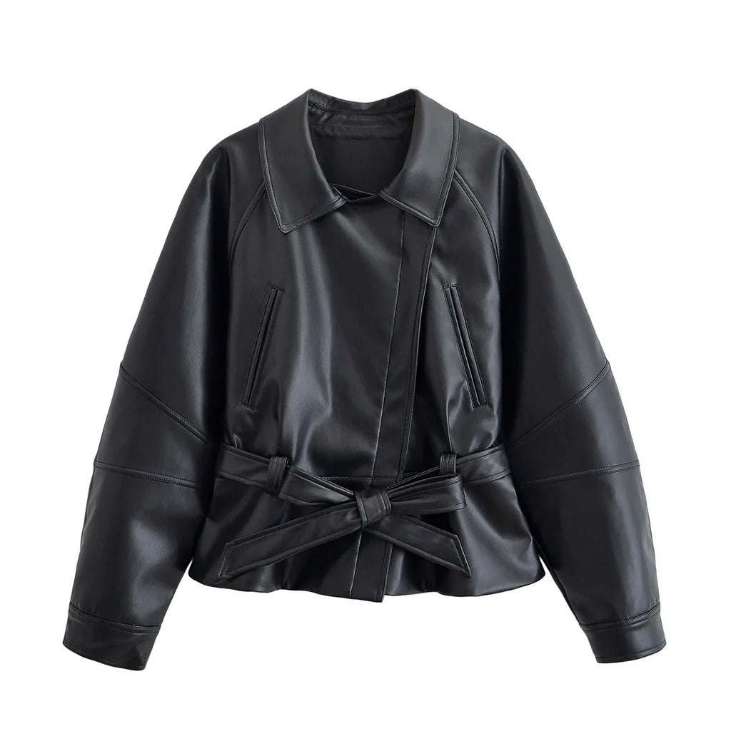 HH Women Fashion Black Short Faux Leather Trench Coat Long Sleeve Lapel Jacket With Belt Vintage Lady Motorcycle Jacket Outwear