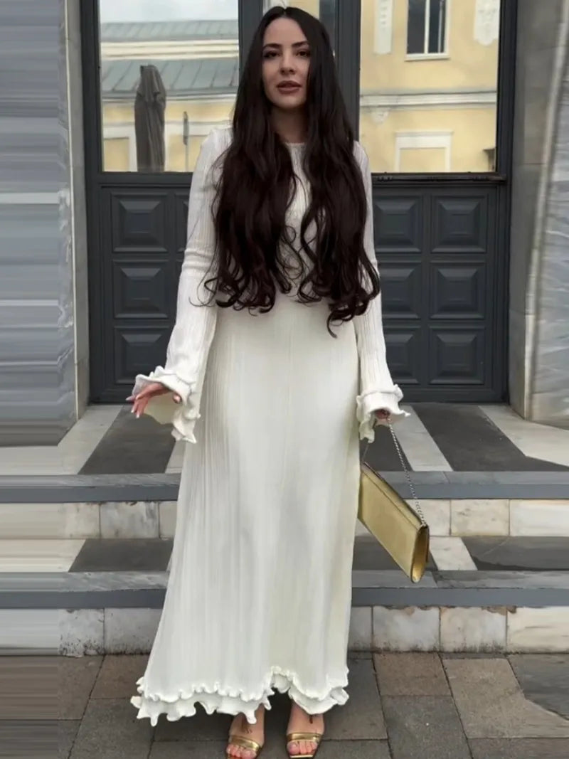 Trendix Knit Elegant Ruffle Maxi Dress Women Summer High Waist Long Sleeve Lace Up Dresses Casual Sexy Backless Knitwear Dress