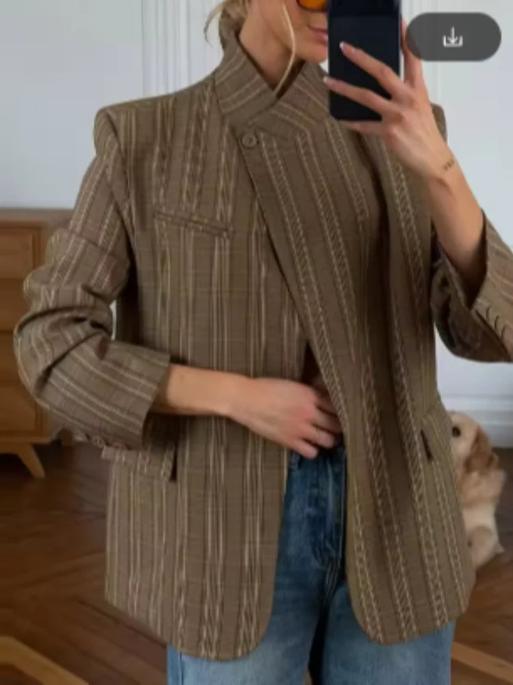 Women Plaid Print Blazer Jacket Fashion Stand Collar Full Sleeve One Button Loose Short Coat Chic Lady Daily Commute Outerwears