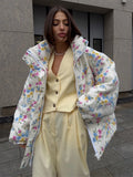 Yaminiya Fashion Thicken Women Puffer Jacket Oversize Stand Up Collar Zipper Floral Print Warm Cotton Filled Coat Autumn Winter
