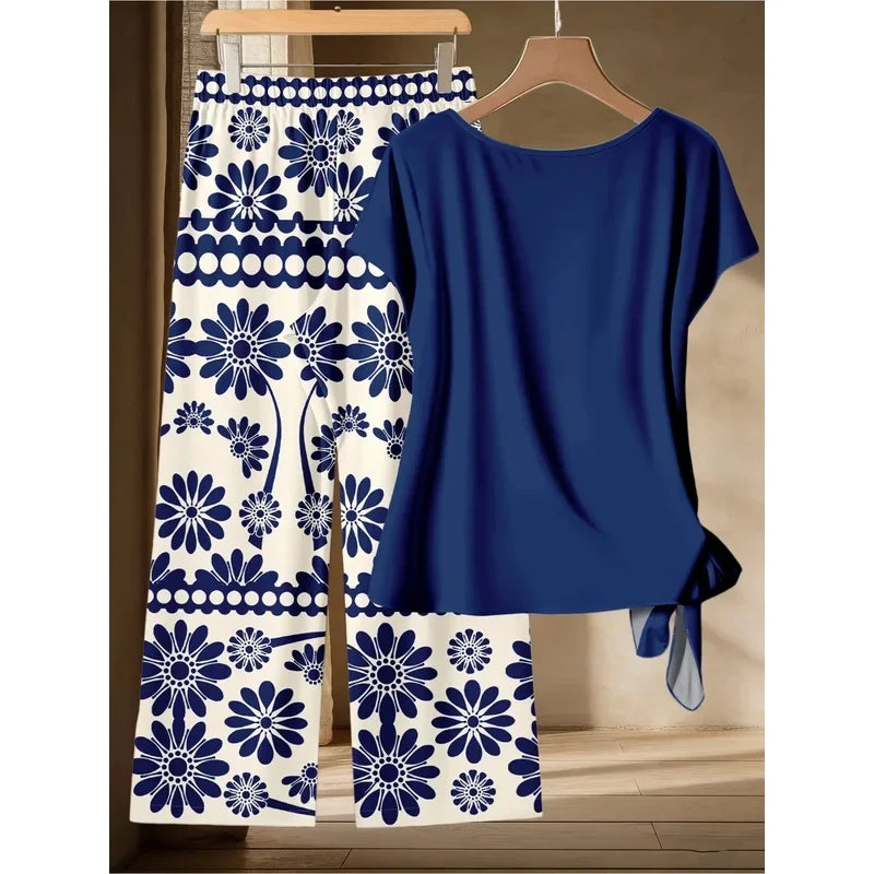 Summer Women's plus Size Casual Loose Two-Piece Set Solid Color Twisted T-Shirt with Blue White Printed Wide Leg Pants