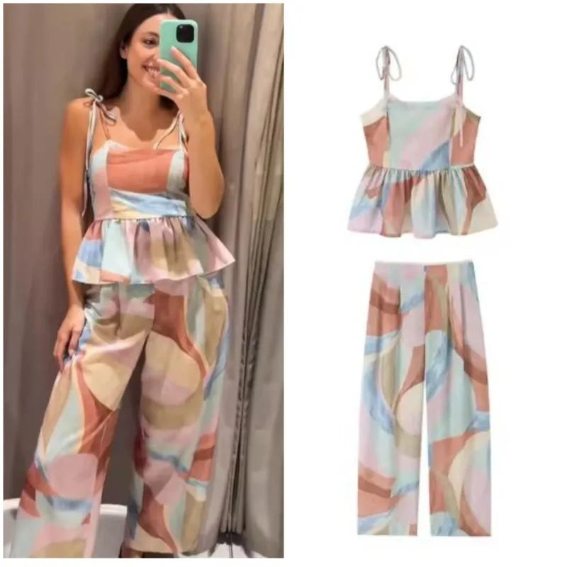 Women's Printed Pants Set 2026 New Lace Trim Lace-up Sexy Tops Mid-waist Wide-leg Pants Casual Fashion Female 2 Piece Sets