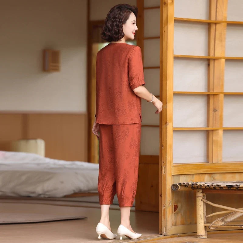 Fake Button T-shirt+pants Summer Embossed Knit Set Women's Fashion Casual Set Short Sleeved Classic Tops 2024 Plus Size Women