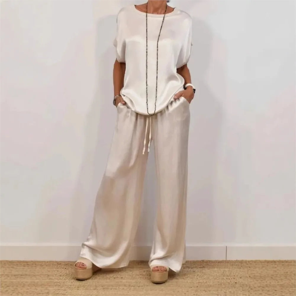 2-piece Set Fashion Satin O Neck T-shirt Top Trousers Summer Retro Elegant Casual Loose Wide-leg Pants Female Home Clothing Suit