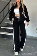 Striped Zipper Coat+sweatpants Two Piece Set Women Casual Batwing Sleeve Sports Jacket Outfits Autumn Winter Sweatshirt Suit Y2K