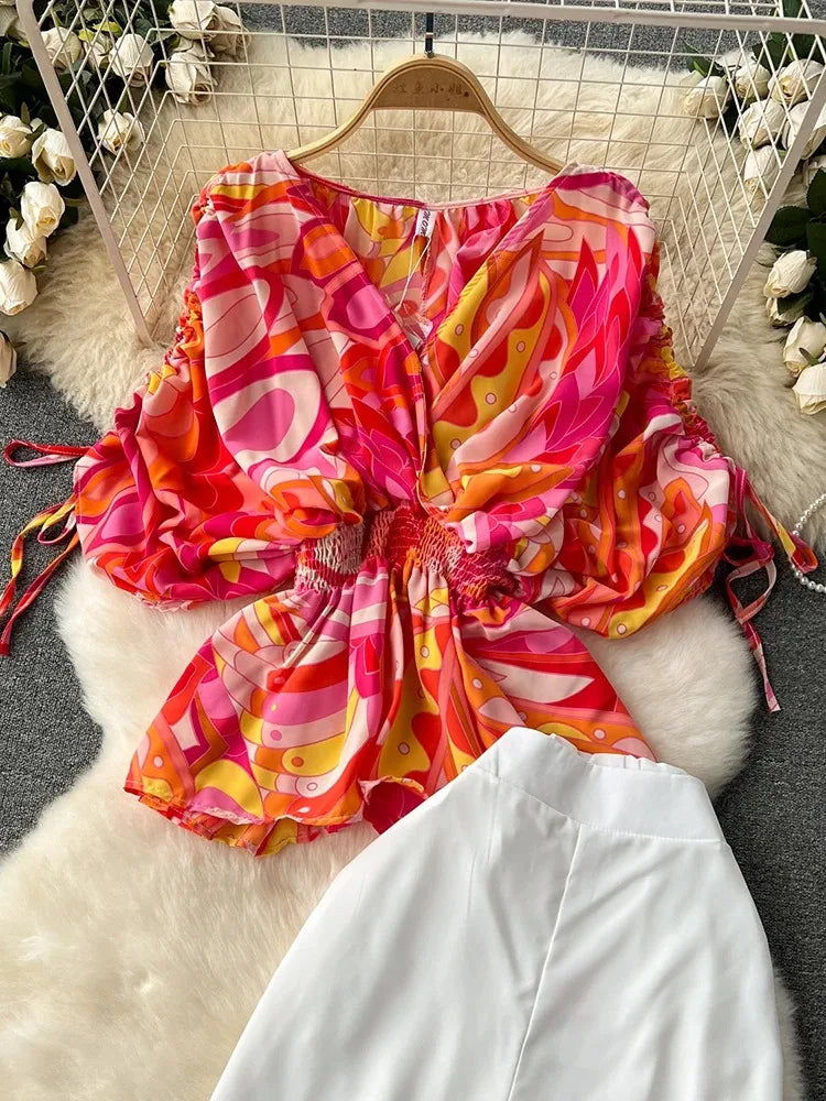 New Summer Women's Fashion Set Beach Vacation Short Sleeve V-neck Waist Loose Shirt Wide Leg Pants Two Piece Set  A77