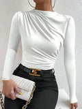 Casual Pleated Mock Neck Long Sleeve T-shirt for Women Autumn Winter Spring Solid Color Ruched Skinny Slim Fit Blouse Top Tshirt