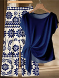 Summer Women's plus Size Casual Loose Two-Piece Set Solid Color Twisted T-Shirt with Blue White Printed Wide Leg Pants