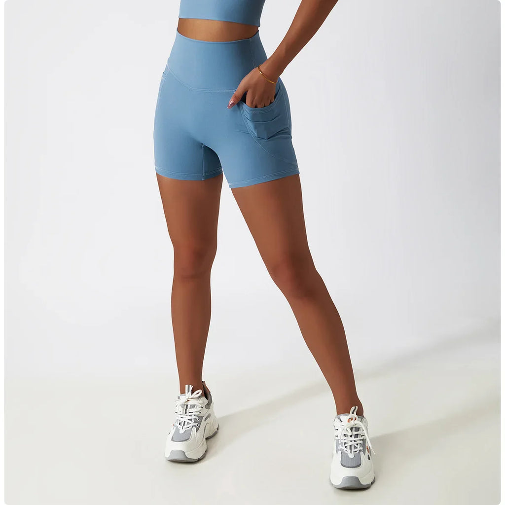 Comfortable Skin Friendly Summer High Waist Yoga Shorts Gym Hip Lift Pants Pocket Breathable Running Cycling Sports Shorts Women