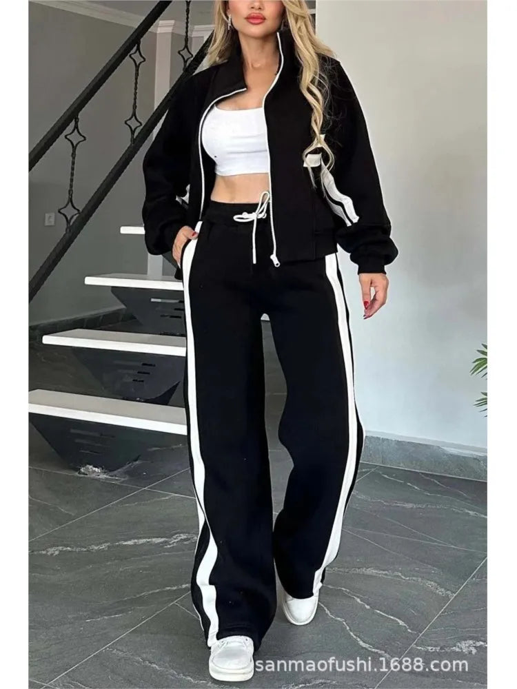 Striped Zipper Coat+sweatpants Two Piece Set Women Casual Batwing Sleeve Sports Jacket Outfits Autumn Winter Sweatshirt Suit Y2K