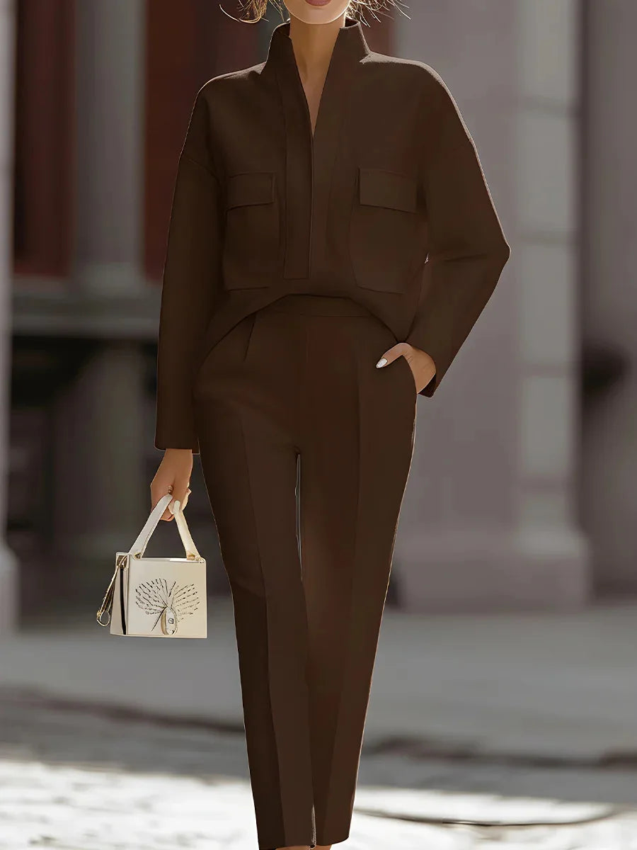 Fashionable Simple Trousers Set Loose Daily Comfortable Commuting Style Long-sleeved Stand-up Collar Top Trousers Two-piece Set