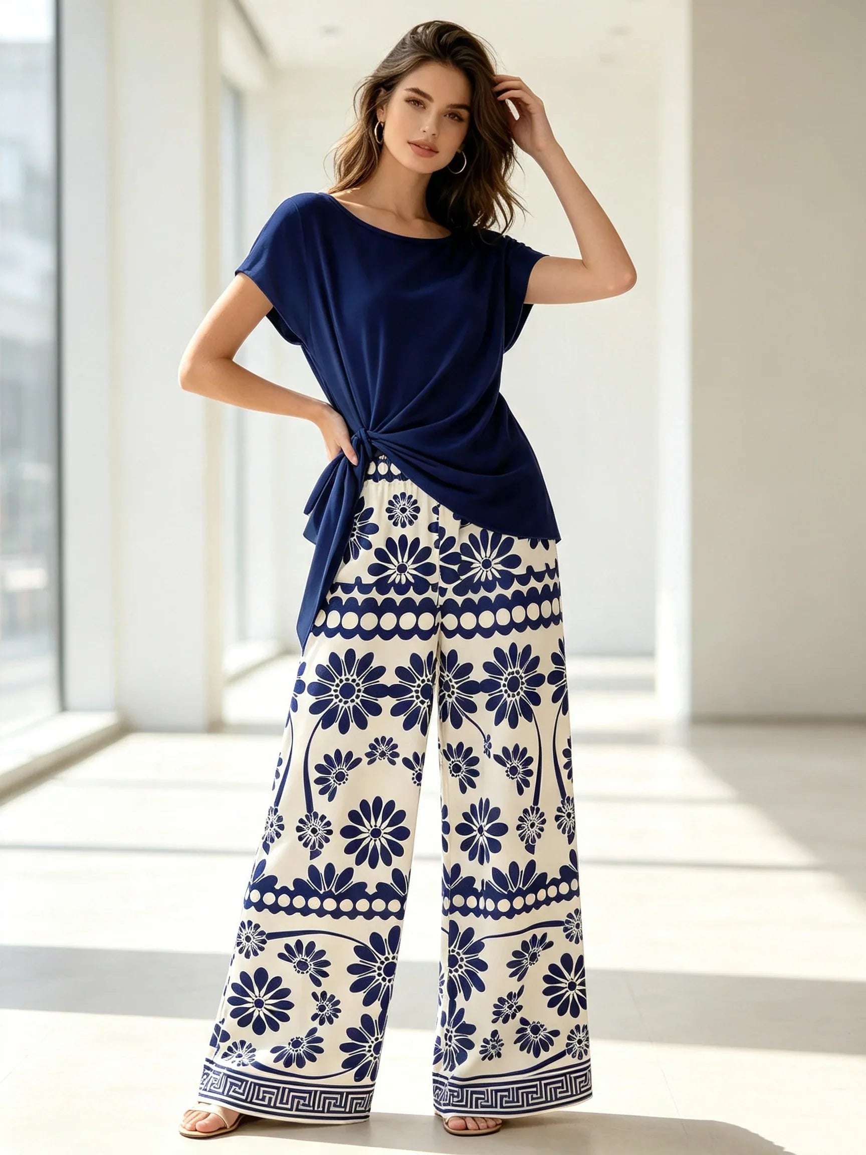 Summer Women's plus Size Casual Loose Two-Piece Set Solid Color Twisted T-Shirt with Blue White Printed Wide Leg Pants