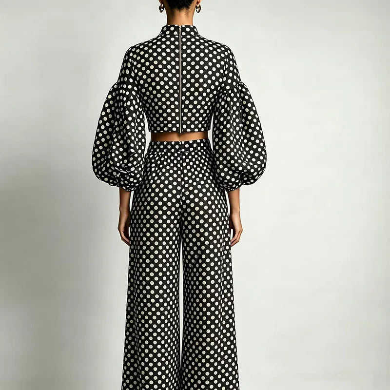 Vintage Polka Dot Matching Suits Women Mock Neck Lantern Sleeve Cropped Short Blouse & Loose Pants Sets Casual Two Piece Outfits
