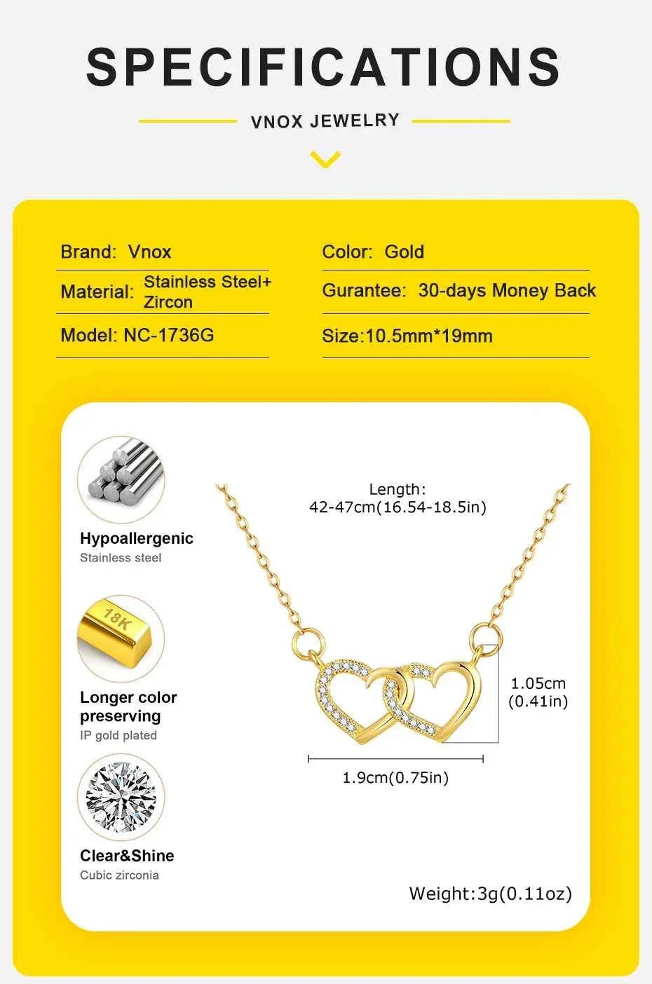 Vnox Double Zircon Heart Necklace For Women,Stainless Steel Cute Simple  Necklace For Mother And Daughter,Trendy Jewelry Gifts