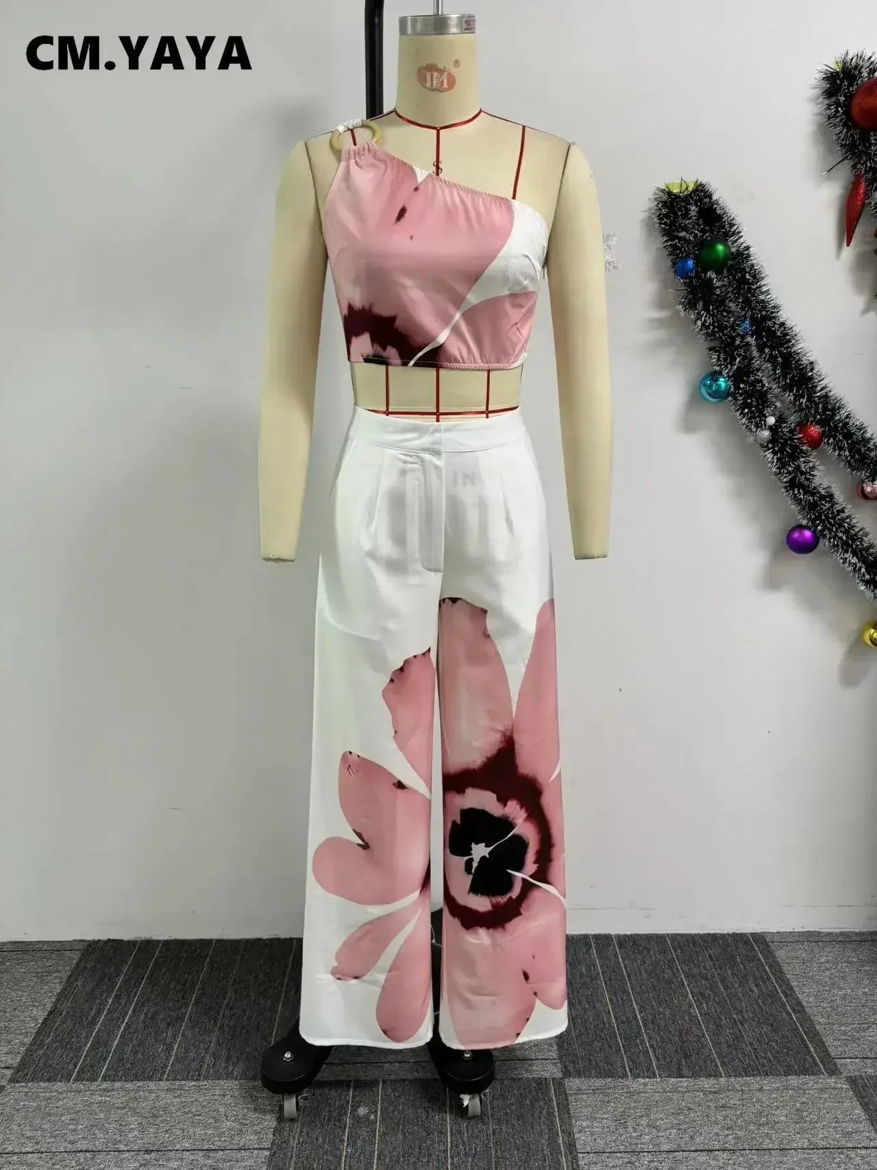 Women Set Floral Print Sleeveless Skew Collar Tops +Wide Leg Pants Two 2 Piece Set Outfit  Summer Street Tracksuit