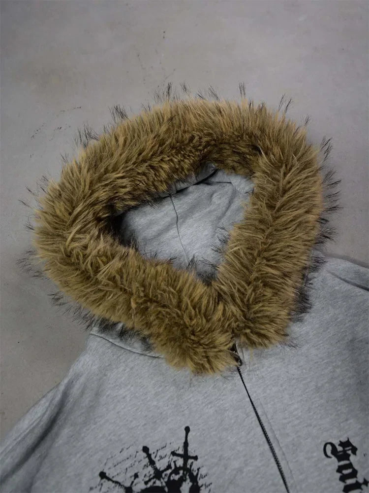 Winter Fashion Streetwear Women's Gothic Printed Faux Fur Hooded Jacket Trendy Edgy Zip - Up Sweatshirt 2026 New Arrival