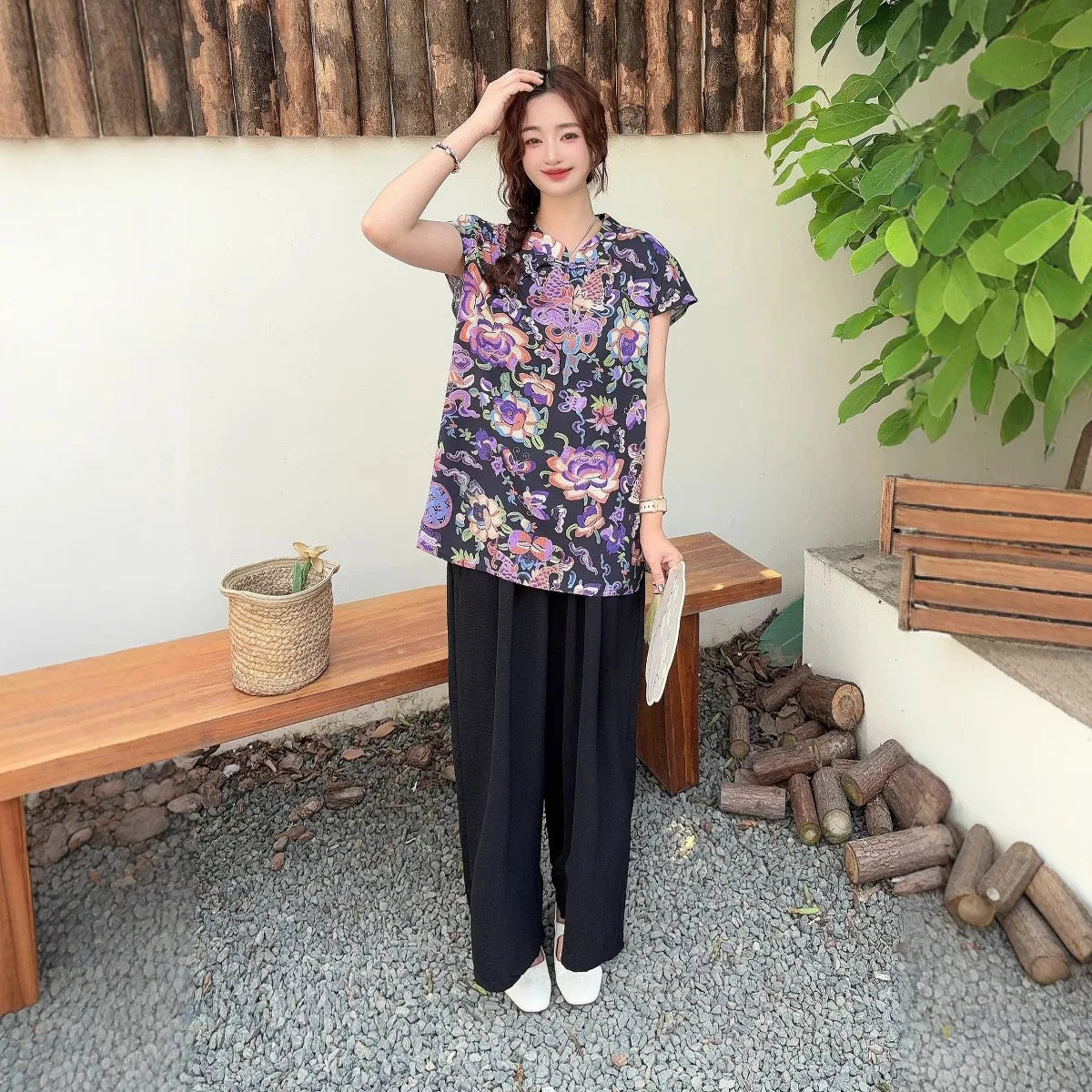 Summer Cotton-silk blend Cheongsam 2 Pcs Set Loose Short Sleeve Frog Closure Tops and Wide leg Pants New Chinese Style Plus size