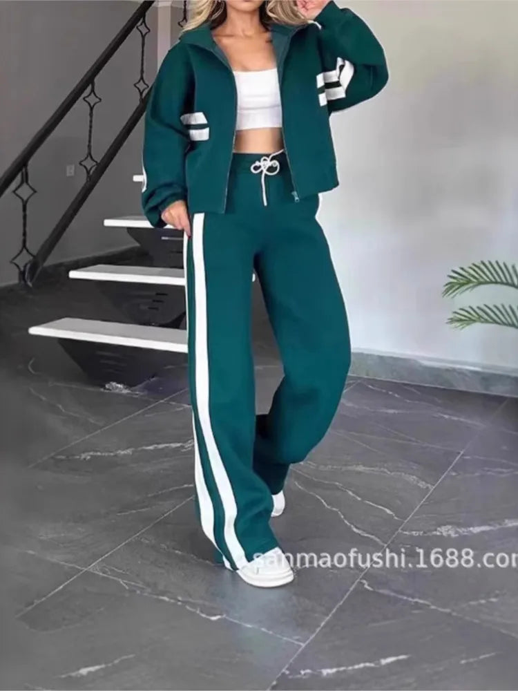 Striped Zipper Coat+sweatpants Two Piece Set Women Casual Batwing Sleeve Sports Jacket Outfits Autumn Winter Sweatshirt Suit Y2K