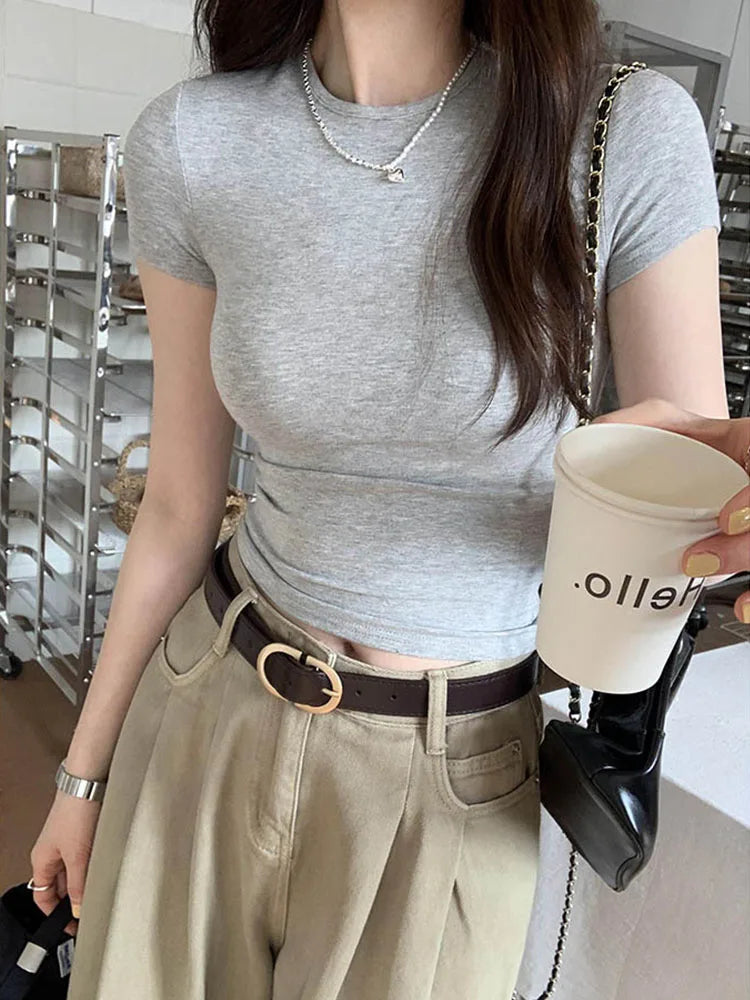 Women's Basic Solid Crop Top Short Sleeve Crewneck Skinny T-shirt Summer Casual Y2K Vintage Harajuku Streetwear