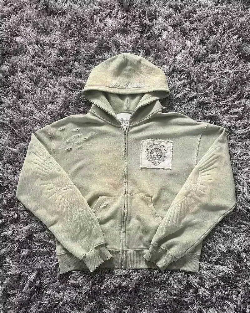 American Y2K New Hip Hop Trend Zipper Hoodie Women Street Casual Loose Joker Vintage Sweatshirt Unisex Fleece Padded Warm Hoodie