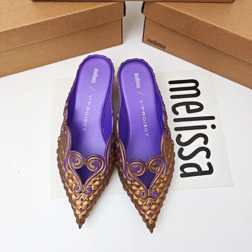 Women Sandals 2025 Spring Melissa Woman Slingback Shoes Fashion Ladies High Heels Elegant Med Heel Pointed Toe Slip on Sandal
