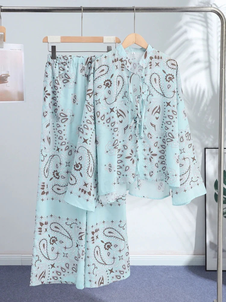 Casual Printed Women's Shirt Trouser Suits Lace Up Long Sleeve Loose Wide Leg Pants Lady Set 2026 Autumn Female 2 Pieces Set New