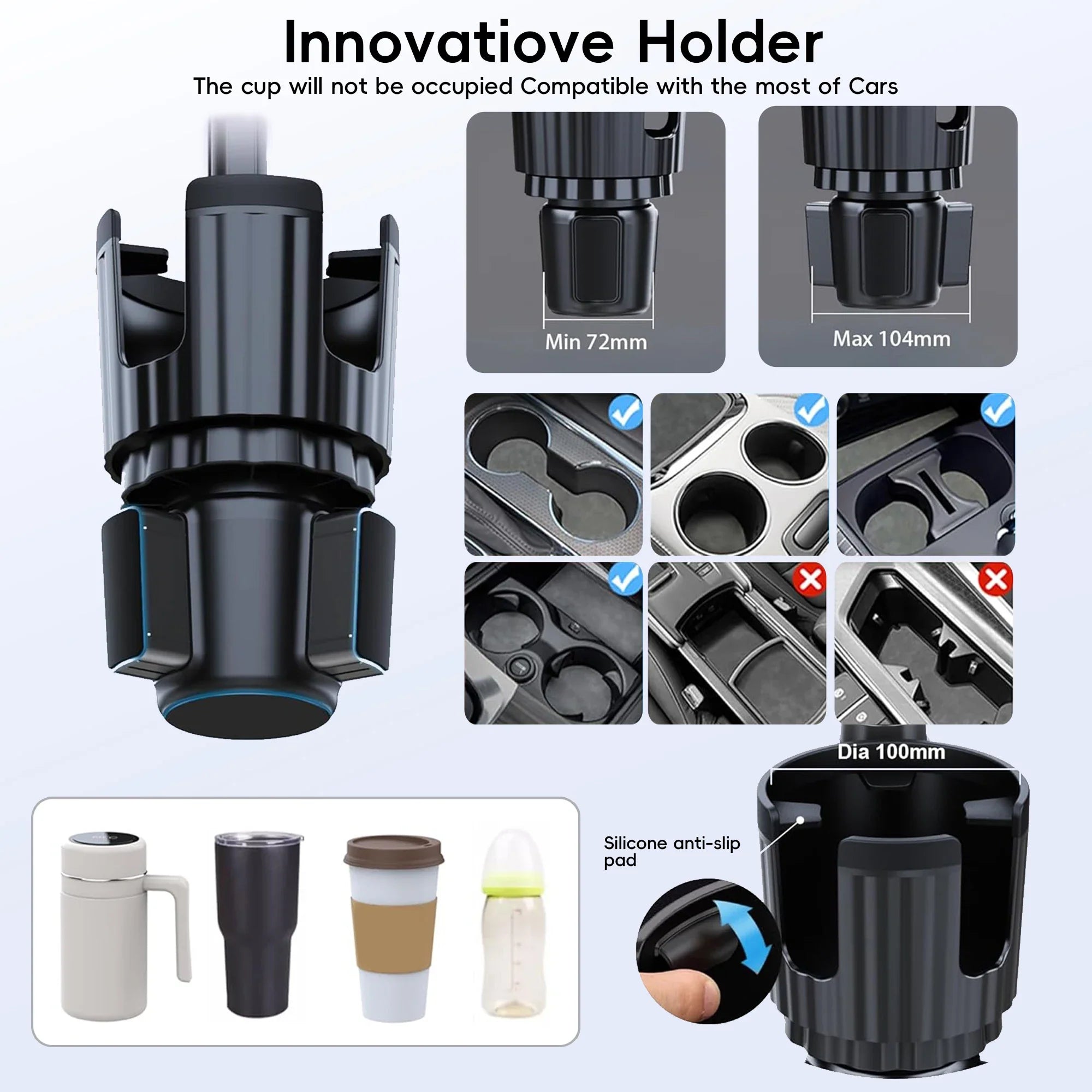 Tablet Holder for Car, 3 in 1 Cup Holder ipad Car Phone  Mount with Expander，Adjustable Base and Long Arm for 4-12.9‘’ Tablet，