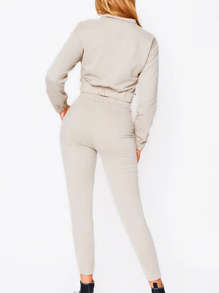 Autumn Women's New Zipper Short Long Sleeve Suit Solid Color Fashion Lace Up Casual Sports Small Foot Pants Female 2 Piece Set