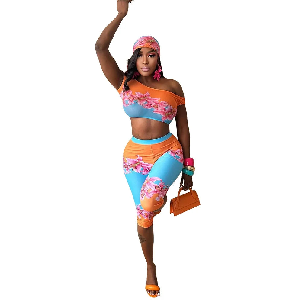 HLJ 2026 New Women Floral Print 2 Piece Set Off Shoulder Short Sleeve Crop Top + High Waist Capri Pants Summer Casual Streetwear