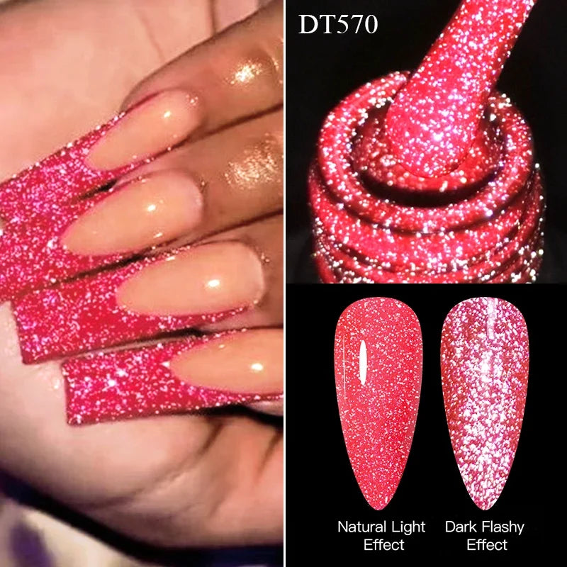 MEET ACROSS 7ml Pink Fluorescent Reflective Gel Nail Polish Glitter Neon Semi Permanent UV LED Gel Nail Art Varnish Manicure