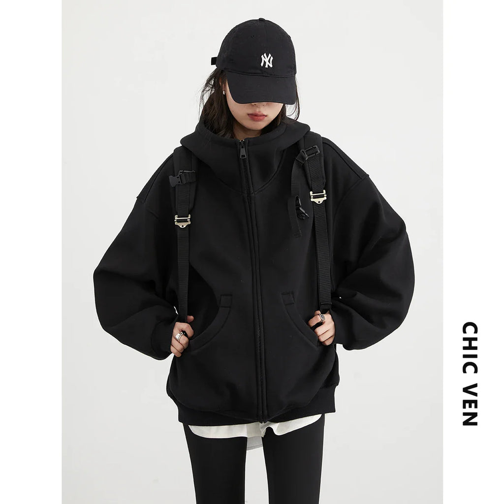 CHIC VEN Women Sweatshirts Loose Casual Hooded Long Sleeves with Plush Sweater Double Zipper Oversize Coat Spring Autumn 2026