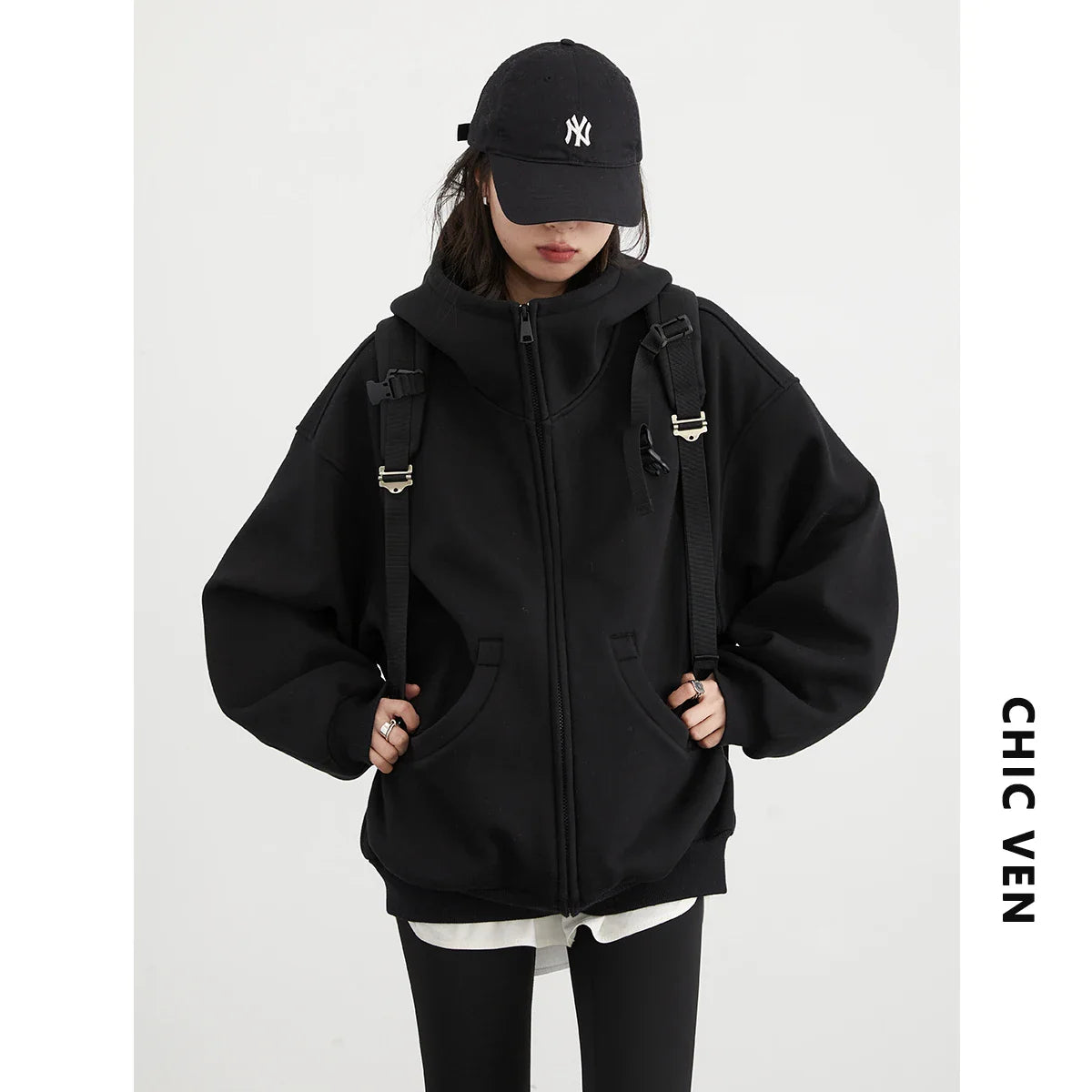 CHIC VEN Women Sweatshirts Loose Casual Hooded Long Sleeves with Plush Sweater Double Zipper Oversize Coat Spring Autumn 2026