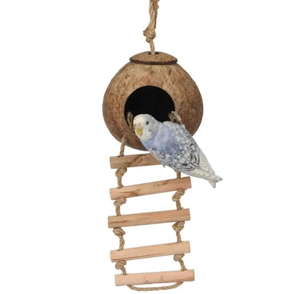 Coconut Bird Nest Hut With Ladder Hanging,Hanging Coconut Bird House Parrot Hideout Bird Cage For Lovebird Pigeons Pet Supplies