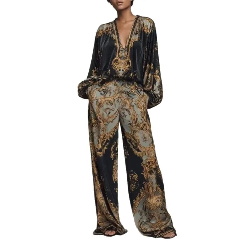 Vintage Printed Two-piece Set Women's Fashion V-neck Loose Long Sleeved Top+Wide Leg Pants Suit Streetwear Muslim Women Clothing