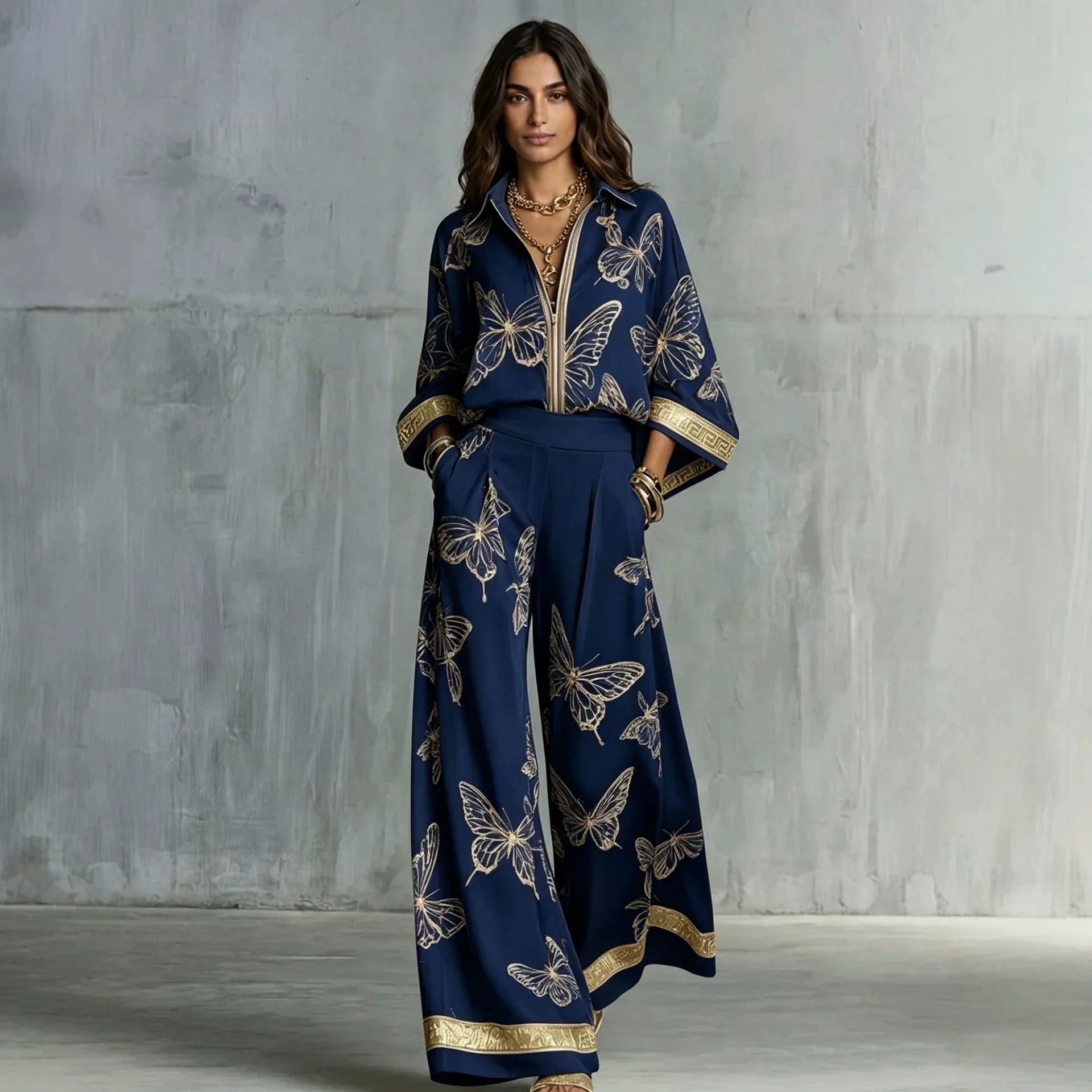 Fashion Set For Women Autumn 2026 New Loose Lapel Zipper Long Sleeve Coat Top Wide Leg Pants Two Piece Set Leisure Print Outfits