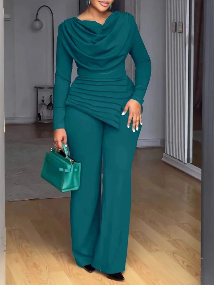 Fashion Solid Set For Women Casual Long Sleeve Pile Collar Slim Tops+High Waist Wide Leg Pants 2 Piece Sets Lady Office Clothes