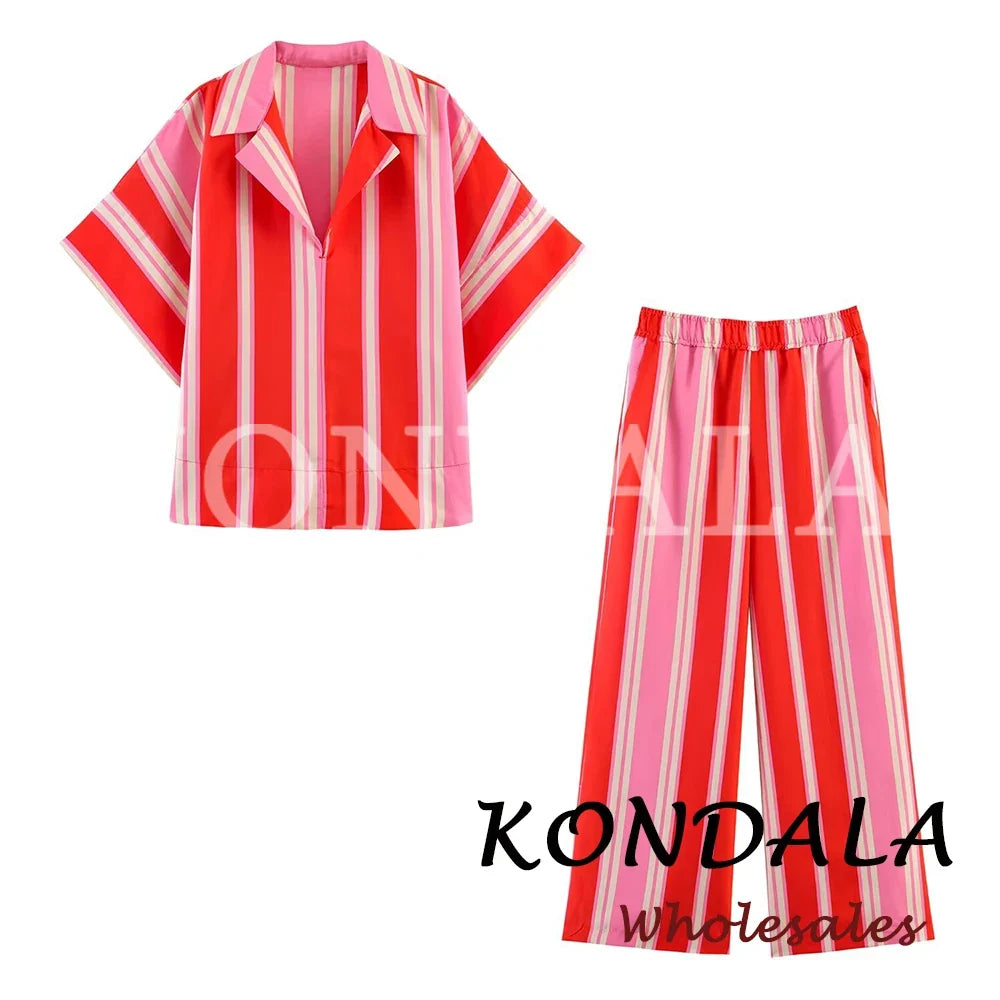 KONDALA Chic Women Striped Casual Suit Single Breasted Straight Shirt+Elastic Waist Long Pants Fashion 2026 Elegant Mujer Suit