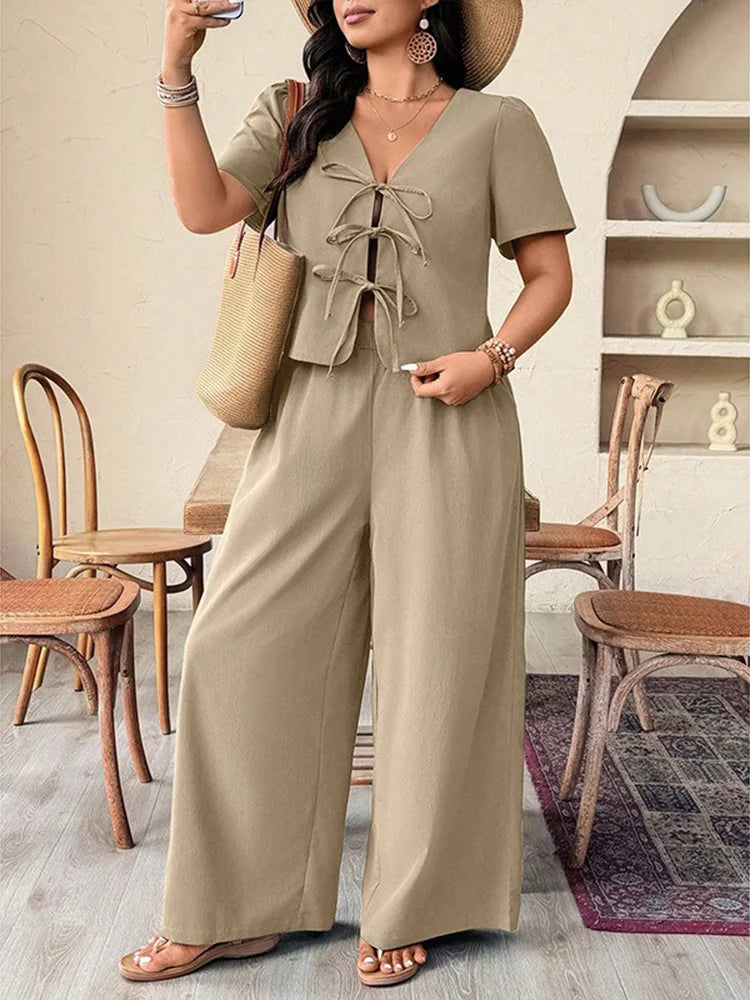 GIBSIE Plus Size Khaki V-neck Short Sleeve Lace Up Top Casual Vacation Wide Leg Pants Women Summer Two Piece Set Female Outfit