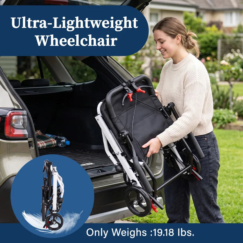 Lightweight Transport Wheelchair for Adults & Seniors, 19 lbs Foldable Travel Wheelchair with 18.1" Wide Seat