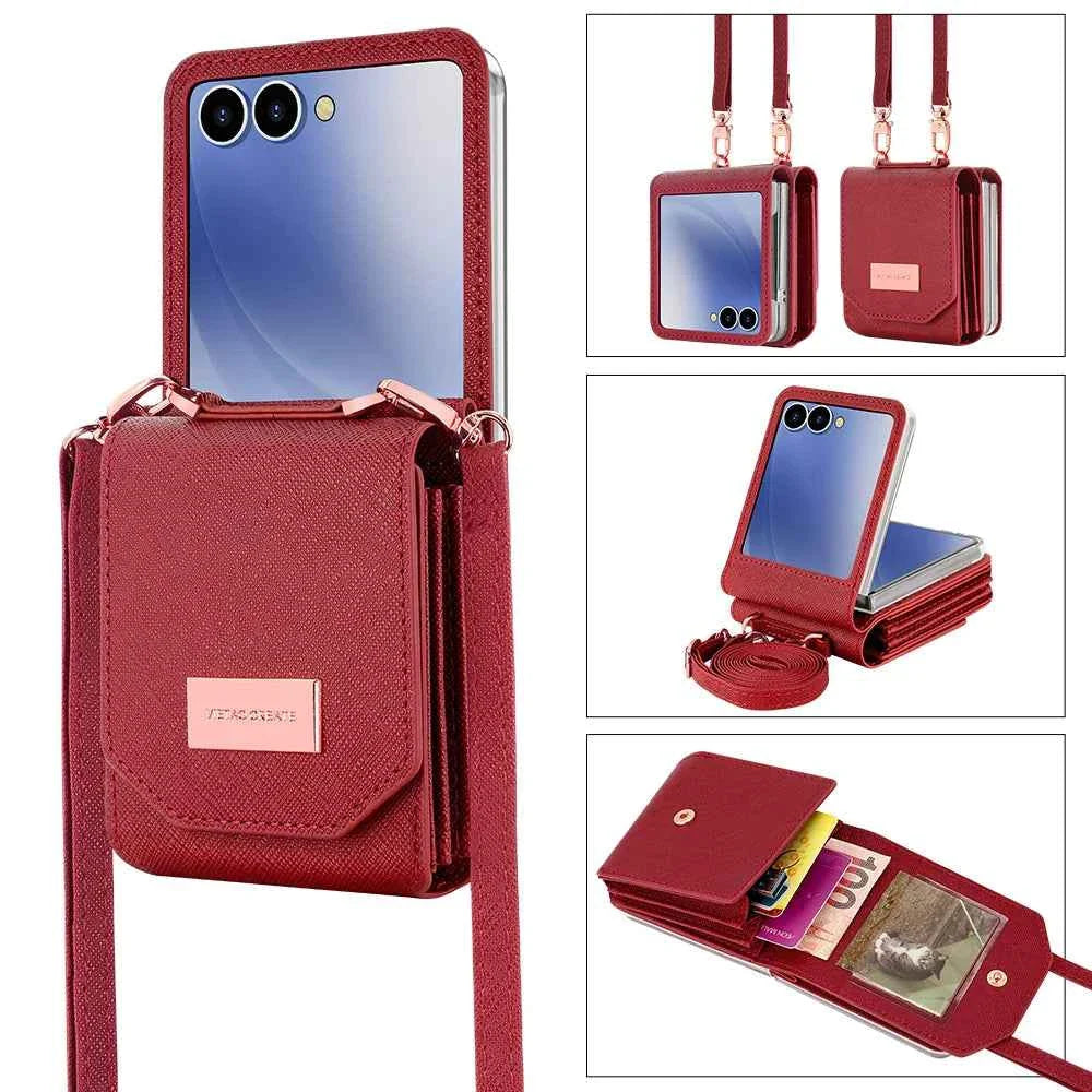 VIETAO Girls' PU Leather Z Flip 7 Card Wallet Phone Case With Crossbody Strap Compatible With Galaxy Z Flip 7 Flip6 Flip5 z4 z3