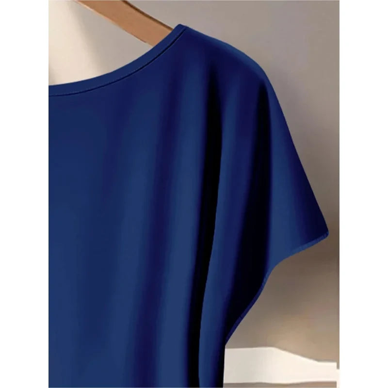 Summer Women's plus Size Casual Loose Two-Piece Set Solid Color Twisted T-Shirt with Blue White Printed Wide Leg Pants