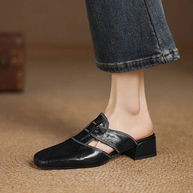 2026 Outside Summer Women Mules Genuine Leather Women Shoes Cover Toe Chunky Med Heel Slippers Concise Modern Slippers Sandals