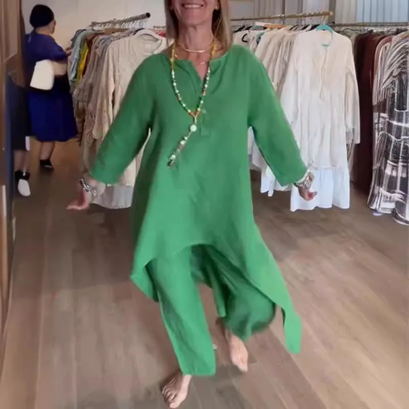 Women's 2pcs Clothing Set Fashion Summer New Suit Casual Long Shirt Blouse Top & Wide Leg Pants Solid Color 2 Piece Sets Outfits