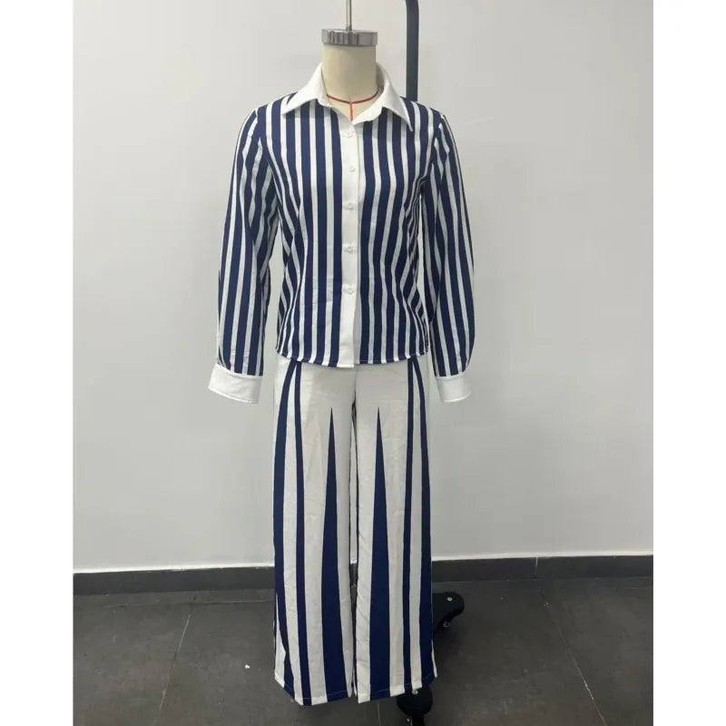 Spring Autumn Fashion Striped Printed Long Sleeve Shirt Women Suit Wide Leg Pocket Pants Female Office 2piece Set Including Belt
