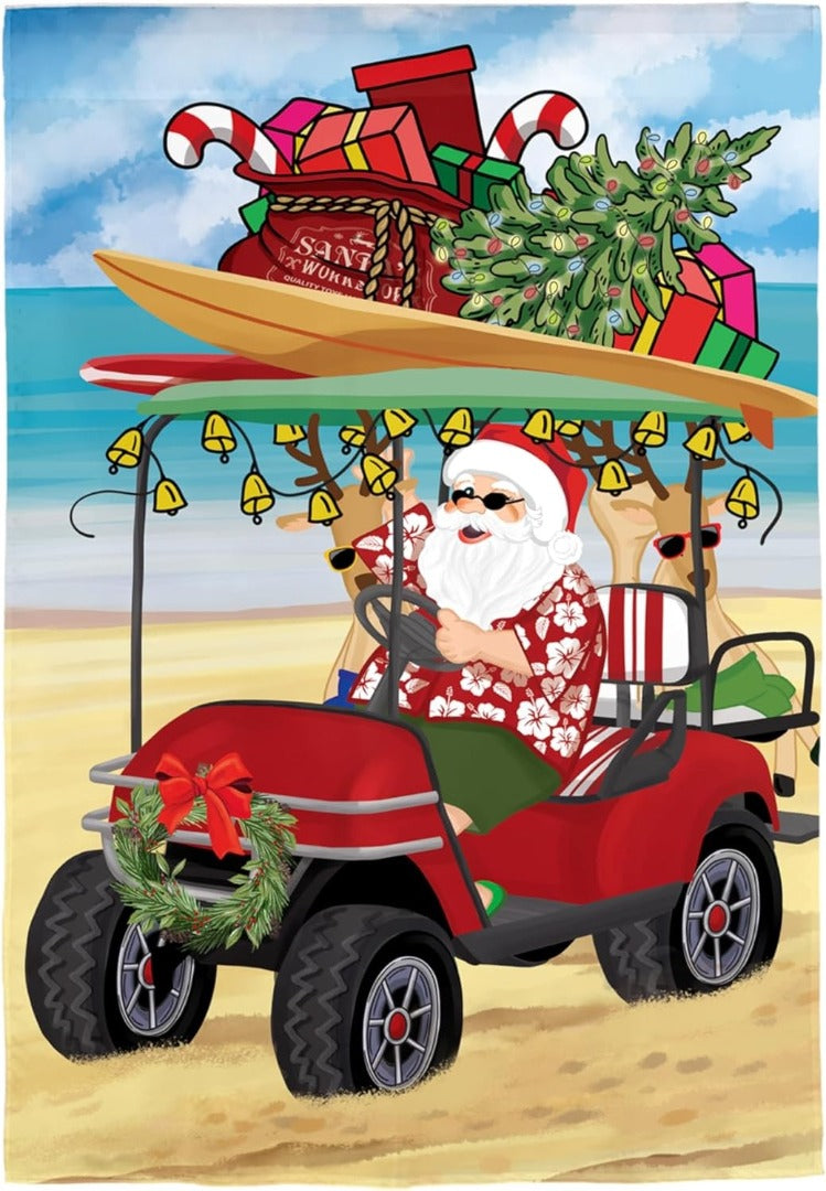 Santa Golf Cart Garden Flag 2 Sided